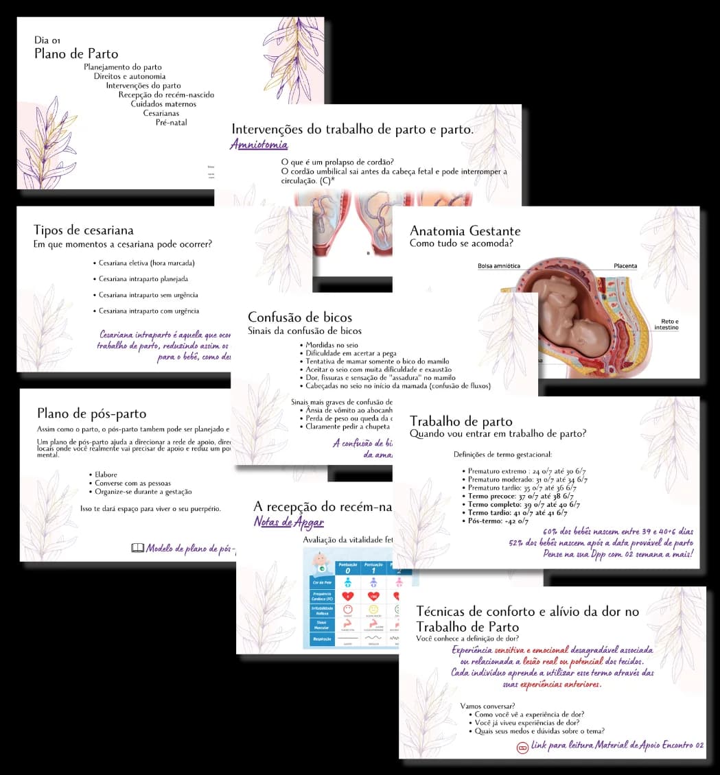 Slides de encontros do Prepara Parto: plano de parto, tipos de cesariana, trabalho de parto e técnicas de conforto.